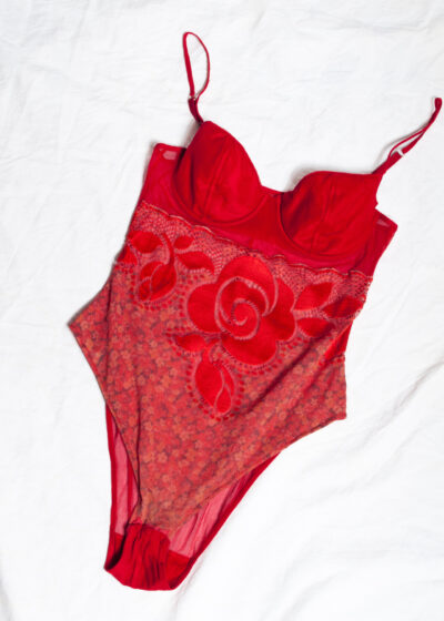 Vintage Y2K Sheer Lace Bodysuit in Red