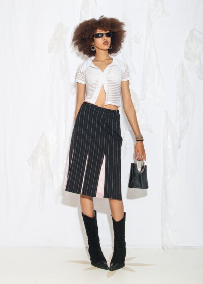 Vintage Y2K Pinstriped Midi Skirt in Black