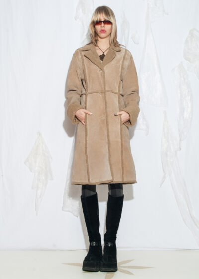Vintage Y2K Shearling Coat in Beige Suede