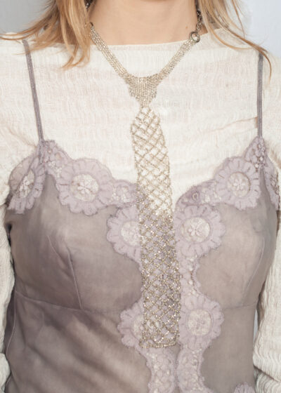 Reworked Vintage Y2K Silver Glass Bead Tie Necklace