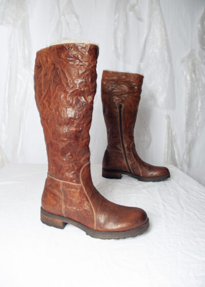 Vintage Y2K Shearling Knee Boots in Brown Leather