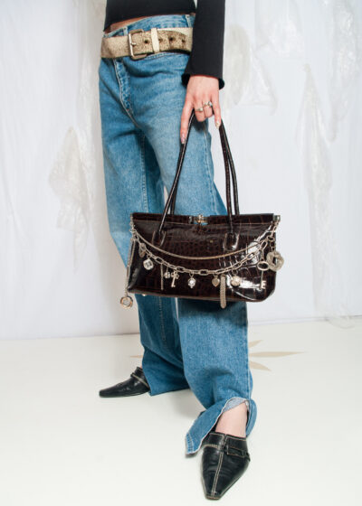Reworked Vintage Y2K Leather Shoulder Bag with Silver Chain