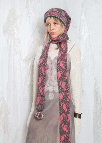 Vintage Y2K Knitted Jester Hat in Pink and Grey with Scarf