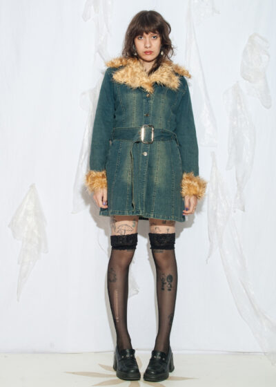 Vintage 90s Denim Trench Coat with Fur Collar