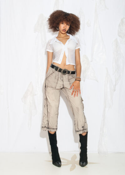 Reworked Vintage Y2K Cargo Capri Pants in Hand-Painted Beige