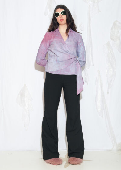 Reworked Vintage Y2K Tie-Dyed Wrap Blouse in Purple