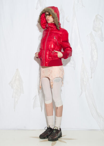 Vintage Y2K Puffer Jacket with Fur Hood in Red