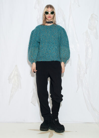 Vintage 80s Handmade Wool Jumper in Blue with Balloon Sleeves