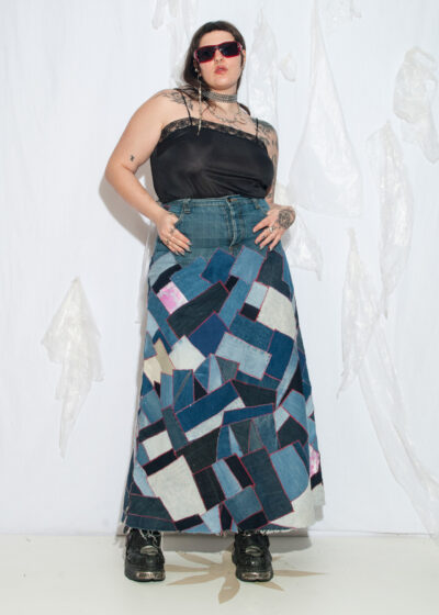 Vintage Y2K Upcycled Patchwork Denim Maxi Skirt in Blue