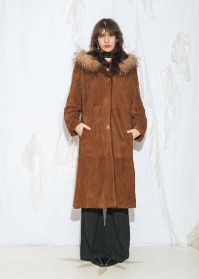 Vintage Y2K Shearling Coat with Fur Trim Hood