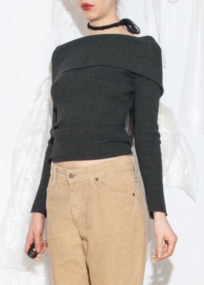 Vintage Y2K Off Shoulder Ribbed Top in Grey