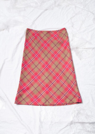 Vintage Y2K Plaid Midi Skirt in Beige and Pink Wool Blend