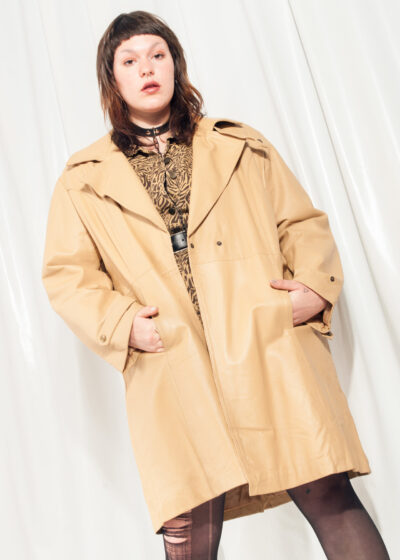 Vintage Leather Jacket 90s Trench Coat in Beige